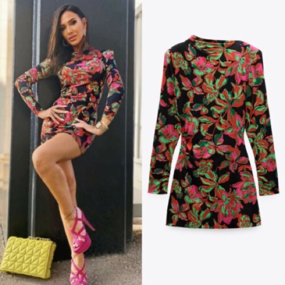 NWOT Zara Floral Dress with Shoulder Pad and Ruching